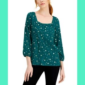 Style & Co Green Metallic-Print Peasant Blouse, Created for Macy's